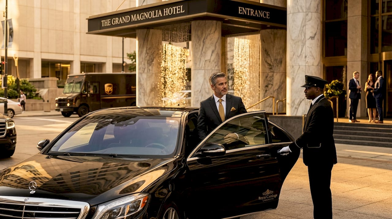 Executive exits luxury sedan at Chicago office