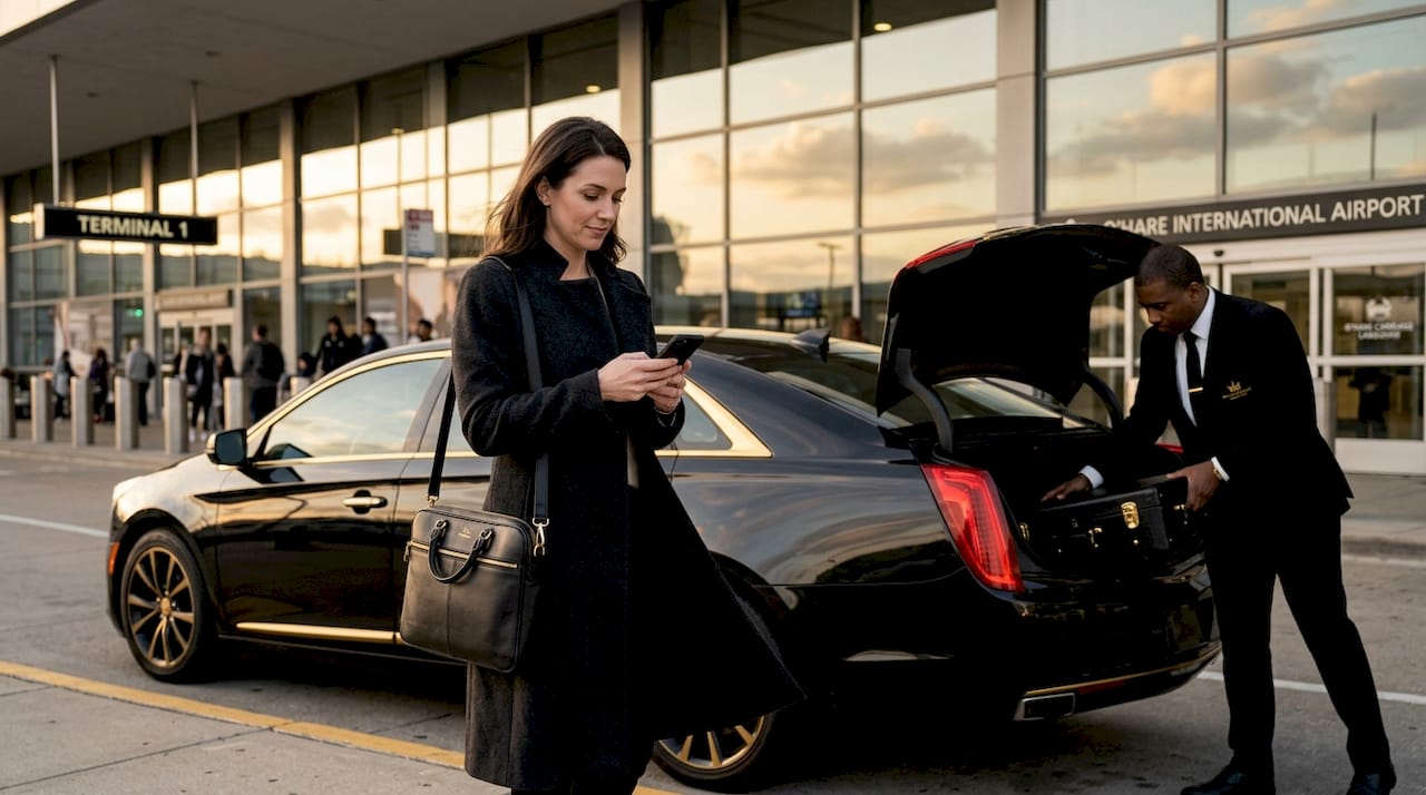 Chauffeur loads luggage for airport sedan pickup