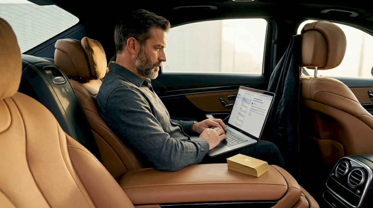 Business traveler in luxury sedan leather interior