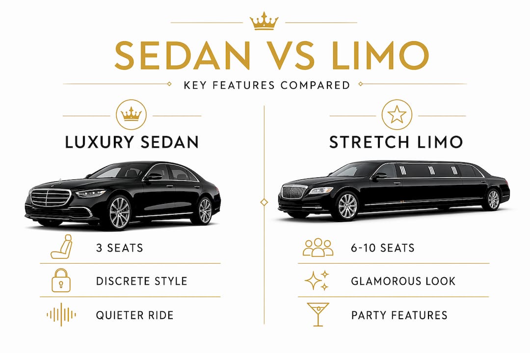 Split infographic comparing sedan and limo features