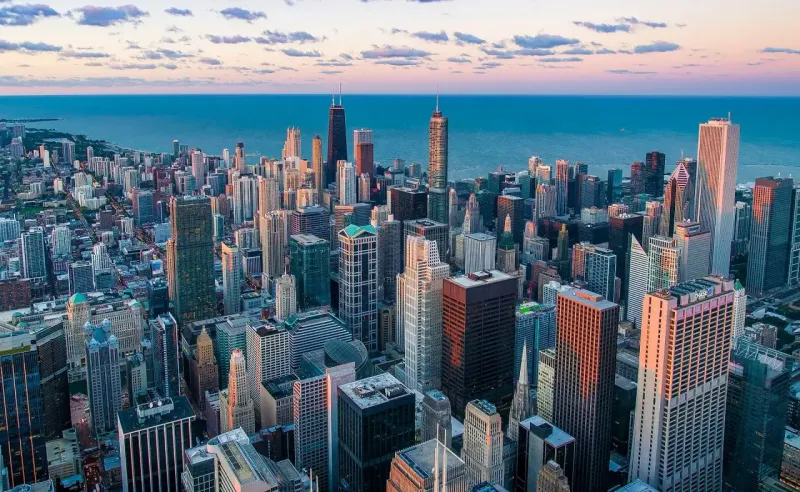 Aerial view of downtown Chicago skyline and Lake Michigan